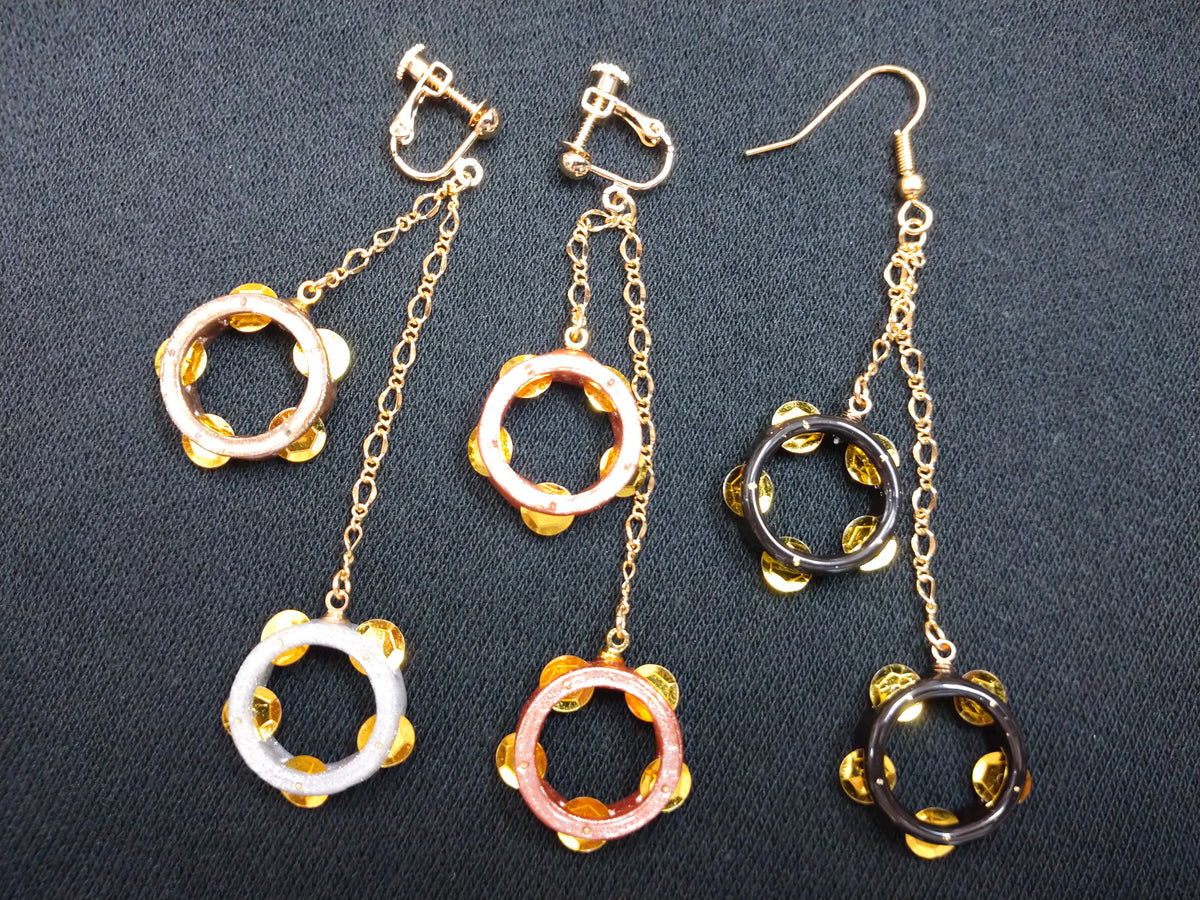 タンバリンピアス oreille33 handmade タンバリン型イヤリング＆ピアス 2連スタイル（1個